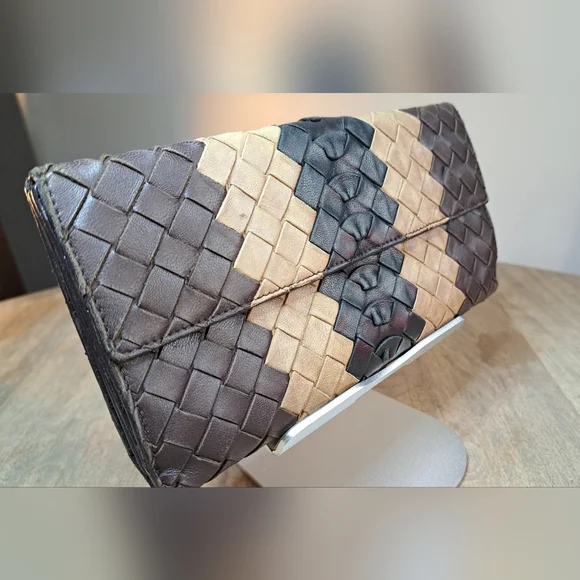 Bottega Veneta Intreccaito Black Brown and Tan Woven Wallet Clutch